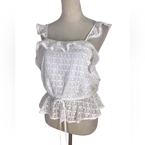 J.O.A. Sleeveless Lace Insert Sleeveless Ruffle Blouse Size Large - Picture 2 of 5